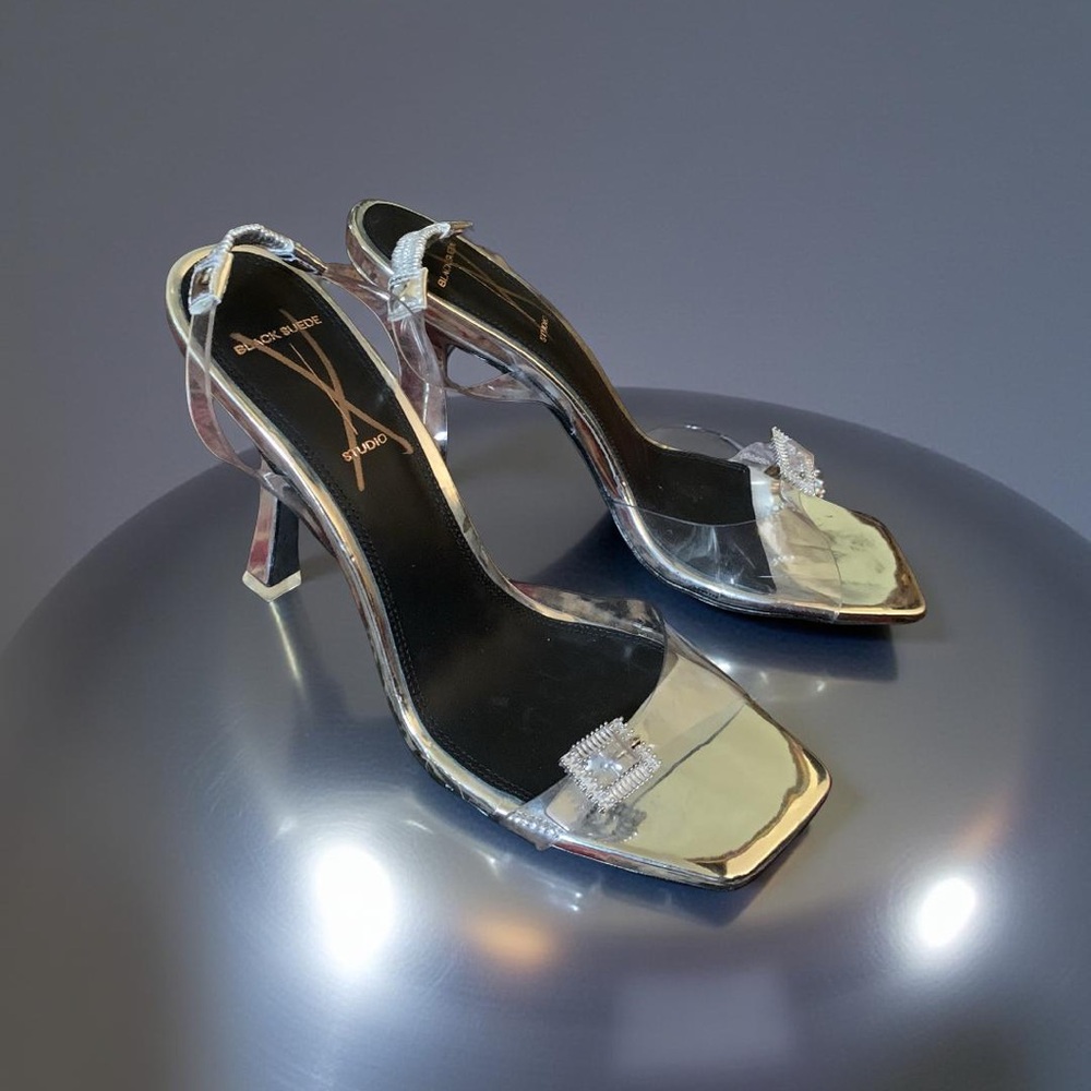 Black Suede Studio Elegant Silver Women's Heels with Bow Accent